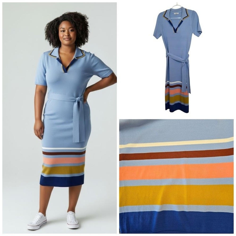 Eva Mendes New York & Company Knit Collar Midi Dress‎ Striped Belted Blue Sz M